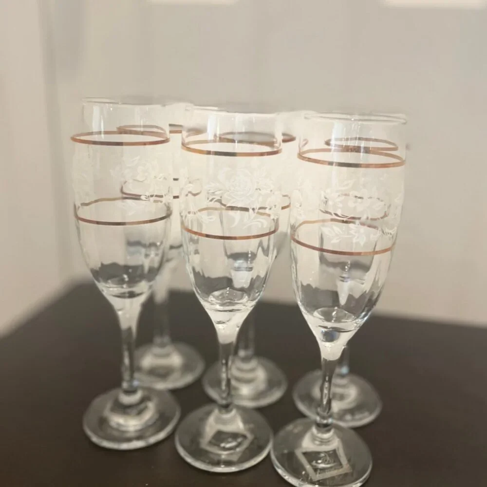 CICLE WARE SET OF 6‎ CHAMPAGNE FLUTES DUTCHES GOLD RIM FLORAL MADE IN TURKEY